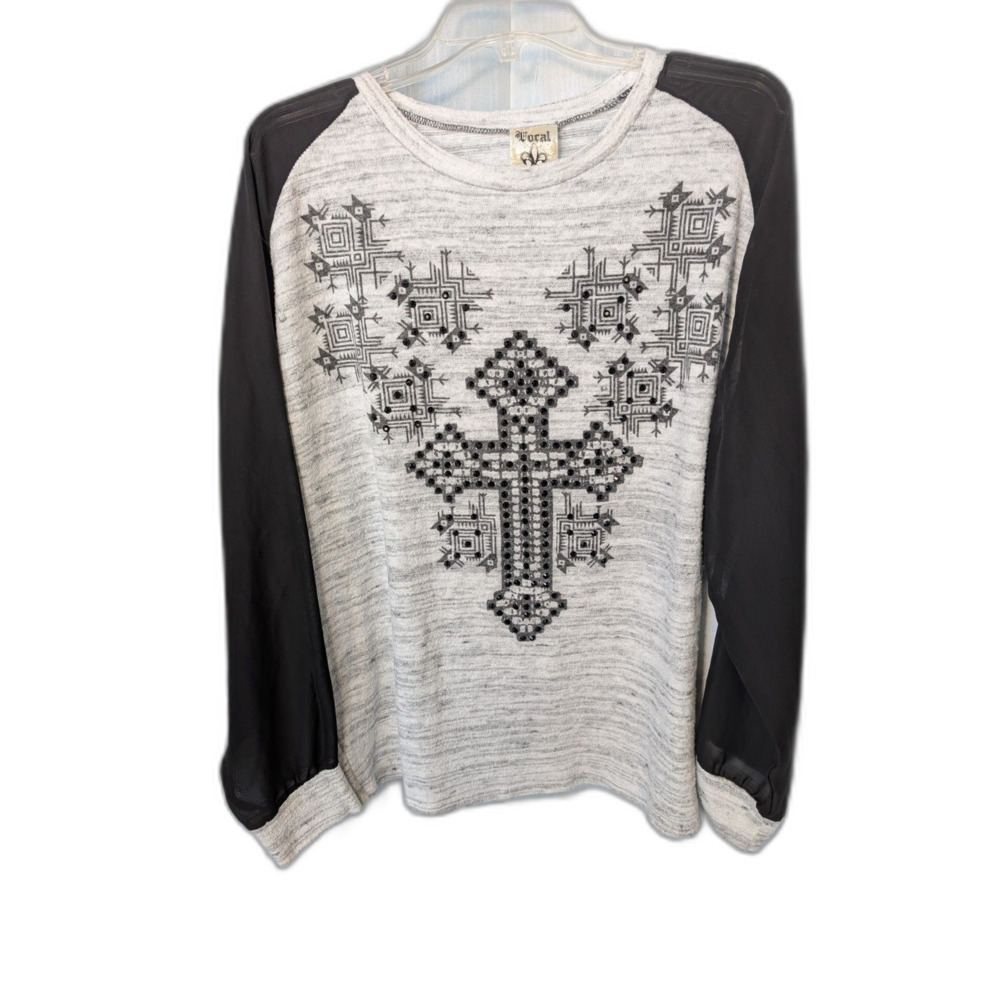 Rhinestone Cross Top Sheer Chiffon Long Sleeve Heather Gray Western Goth Size XL